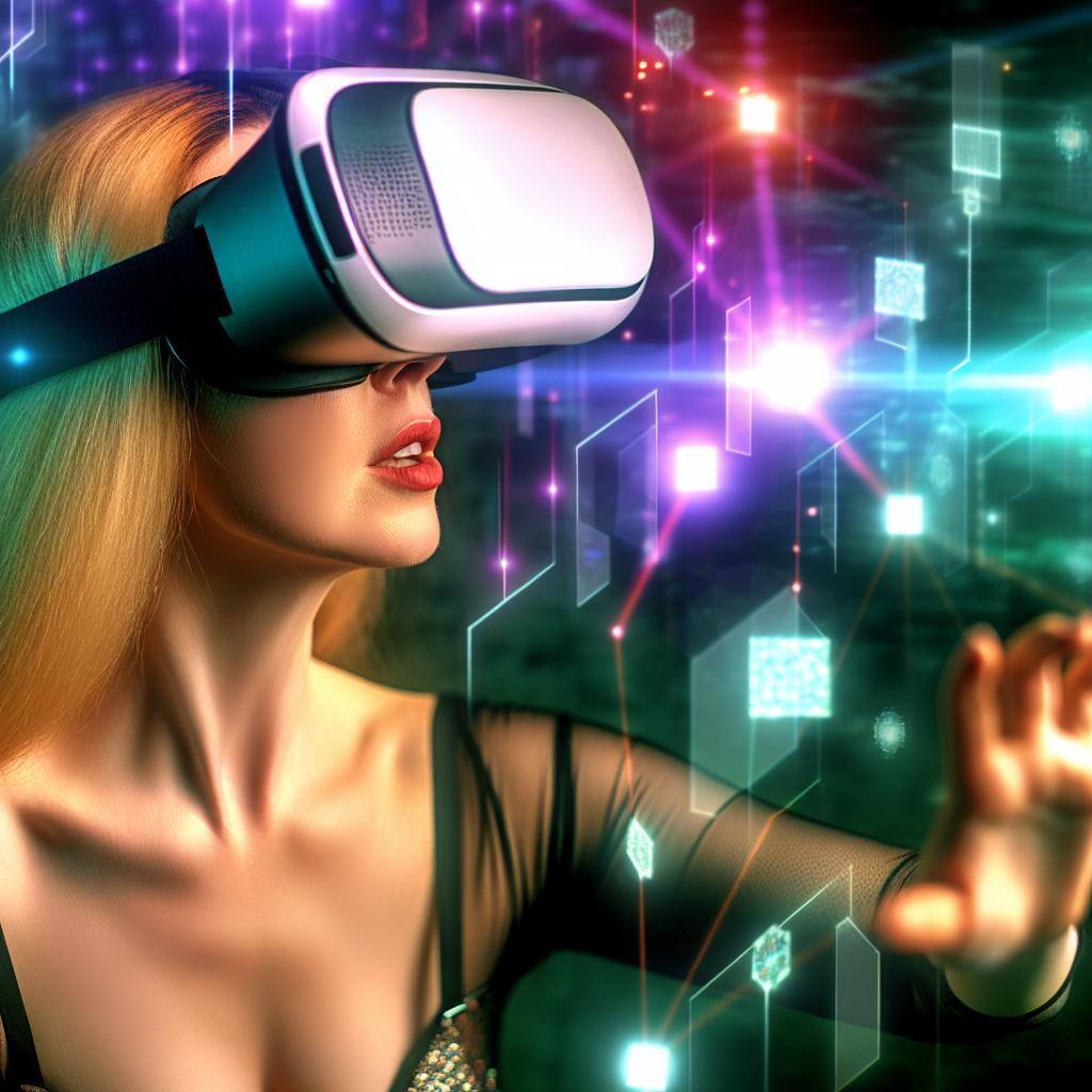 An image of beautiful blonde wearing a VR headset exploring a virtual world while surrounded by digital information and graphics